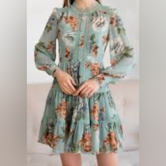 CHICWISH Green with Flowers chiffon dress - Picture 1 of 5